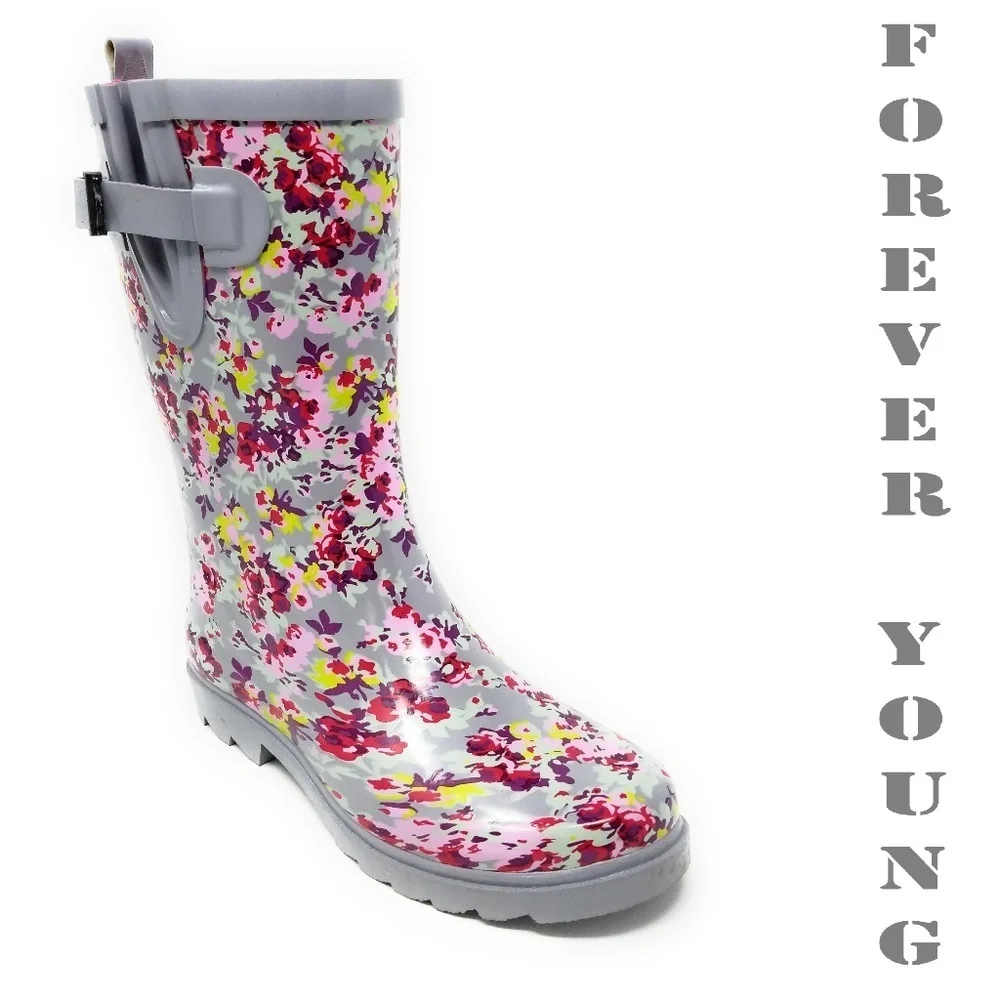 Women's Rain Boots, Mid Calf RainBoots, RB-6041, Grey Flowers, Size 9